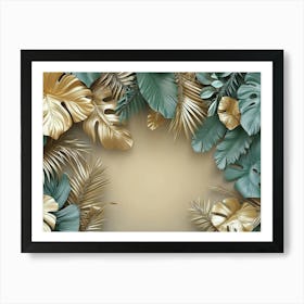 3d Tropical Leaves Golden Art Print