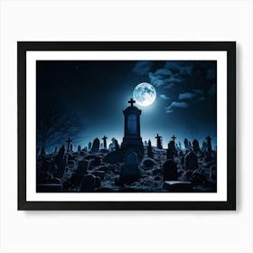 A Haunting View Of A Tomb Silhouetted Against The Night Sky A Gravestone With The Cross Engraved W (4) Art Print