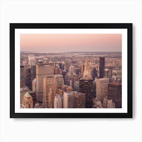 New York View At Dusk With A Pink Sky Over Manhattan Art Print