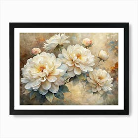 White Peony Flowers On Watercolor Background Art Print