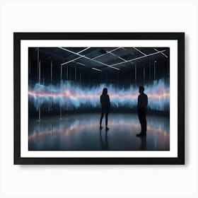 Two Figures In Silhouette Stand In A Futuristic, Empty Room Illuminated By A Large Display Of Abstract, Glowing Light Patterns Resembling Sound Waves Or Data Art Print