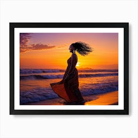 African Woman Radiant Smile Embracing The Warmth Of A Summer Sunset Silhouette Outlined Against T Art Print