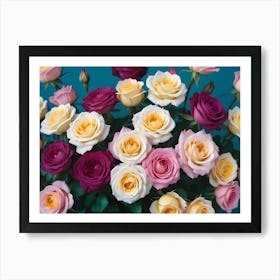 Bouquet Of Pink, Yellow, And Purple Roses Against A Turquoise Background Art Print