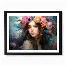 Upscaled An Oil Painting Of A Beautiful Woman With Flowers On Her 5 Art Print