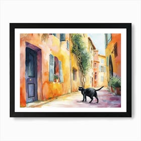 Ajaccio, France   Black Cat In Street Art Watercolour Painting 3 Art Print