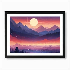 A Stylized, Pixelated Landscape Of Mountains, A City, And A Large, Full Moon At Sunset, Creating A Surreal And Dreamy Atmosphere Art Print