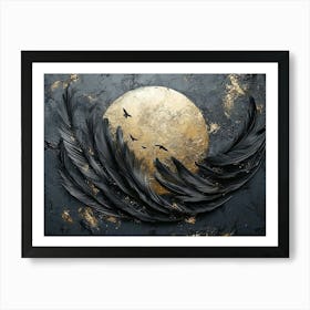 3d Features a Dark Gray Background, Golden and Black Feathers Moon Art Print