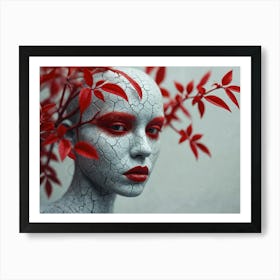 Portrait Of A Woman With Red Leaves Art Print