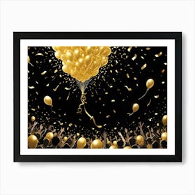 A Large Bunch Of Golden Balloons Floats Above A Crowd Of Cheering People With Confetti Falling Art Print