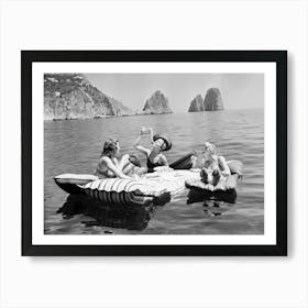 Eating Pasta on a Lake, Three Women On Raft, Funny Black and White Vintage Photo Art Print