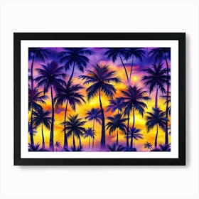 Seamless Pattern With Silhouettes Of Palm Trees Against A Sunset Sky Art Print