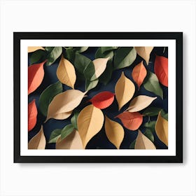 Abstract Image Of A Pattern Of Green, Yellow, And Red Leaves On A Dark Blue Background Art Print