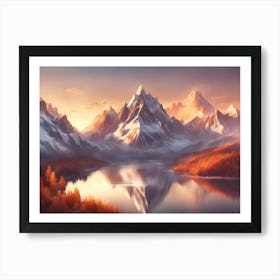 Realistic Towering Snow Capped Mountains, Sunrise, Warm Colors, Lake In The Foreground, Bird S Eye View  Art Print