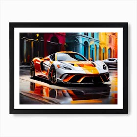 Supercar In Front Of Luxury Hotel - Color Photo Style Painting Art Print