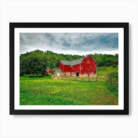 Red Barn Near Forest, Oil Painting Art Print