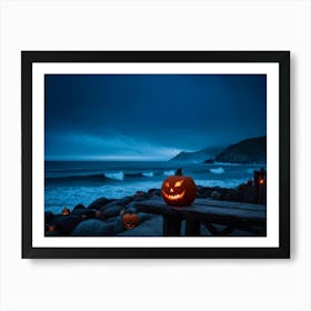 Coastline Celebration Captured At Dusk A Single Jack O Lantern With A Carved Face Glowing Eerily On (4) Art Print