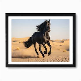 Black Arabian Horse Galloping In The Desert Art Print