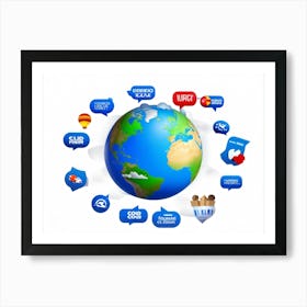 Blue Globe Three Dimensional Icon Designs Of A Speech Bubble And A Translator Symbol Fused Into The (3) Art Print