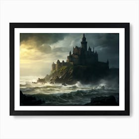 Ancient weathered stone castle atop a steep cliff overlooking a stormy sea Art Print