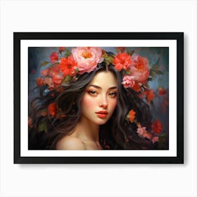 Upscaled An Oil Painting Of A Beautiful Woman With Flowers On Her 1 Art Print