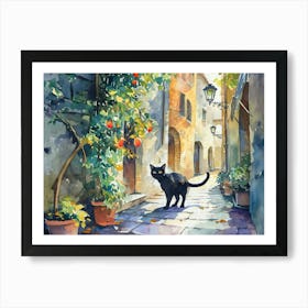 Black Cat In Ravenna, Italy, Street Art Watercolour Painting 3 Art Print