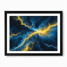 Abstract Image Of Swirling, Glowing Lines In Shades Of Blue And Yellow, Resembling A Cosmic Nebula Or A Digital Network Art Print