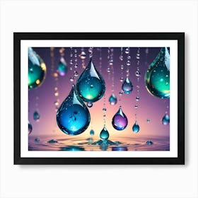 Sparkling, Colorful Water Drops Hang Suspended In Mid Air Against A Gradient Background, Reflecting Light And Creating A Sense Of Wonder Art Print