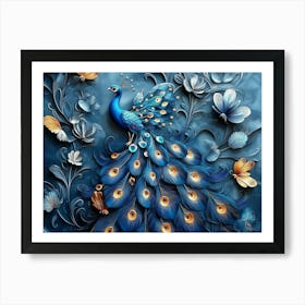 3d Blue Peacock Art with Butterfly Art Print