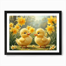 Cheerful Ducklings With Daffodils Rustic Springtime Art Print