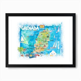 Grenada West Indies Illustrated Travel Map With Roads And Highlights Art Print