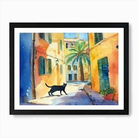 Palma De Mallorca, Spain   Cat In Street Art Watercolour Painting 1 Art Print