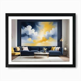 A Modern Living Room Interior Featuring A Navy Blue Sofa And Armchair With Gold Accents, Complemented By A Large Abstract Painting Of A Yellow And Blue Sky With Clouds Art Print