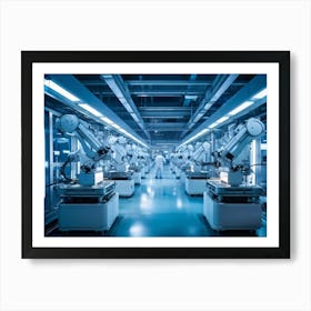 Ai Enhanced Factory Interior Illuminated By Soft Blue Light Robotic Arms Intricately Assembling Com 2 1 Art Print