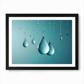 A Simple And Elegant Image Of Water Drops Suspended In Mid Air Against A Turquoise Background, Creating A Sense Of Tranquility And Beauty Art Print