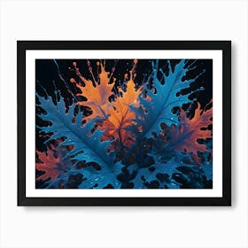 A Colorful Explosion Of Blue And Orange Paint Shaped Like Leaves, Splattering Against A Black Background 1 Art Print