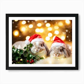 Christmas Bunnies Wearing Pastel Colored Santa Hats Nestled Among Soft Focus Holly Leaves Backlit Art Print