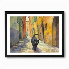 Black Cat In Ravenna, Italy, Street Art Watercolour Painting 2 Art Print