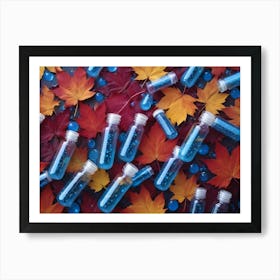 Autumn Flat Lay Composition With Blue Liquid Filled Vials Scattered Among Colorful Maple Leaves And Blue Glass Beads Art Print