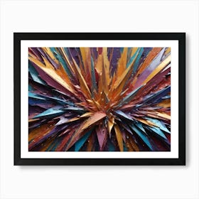 An Abstract Artwork With A Burst Of Textured, Sharp Shards In Gold, Blue, Purple, And Orange Hues Art Print