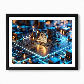 A Golden Cryptocurrency Coin With A Circuit Board Design On A Circuit Board Background With Blue And Orange Lights Art Print