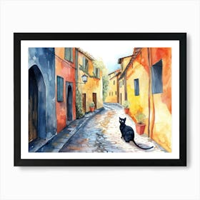 Black Cat In Reggio Emilia, Italy, Street Art Watercolour Painting 3 Art Print