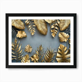 Gold Leaves On A Grey Background Art Print