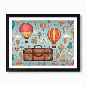 A Hand Drawn Illustration Depicting A Vintage Suitcase With A Variety Of Travel Themed Items, Including Hot Air Balloons, Clouds, And Compass, Against A Blue Background 1 Art Print