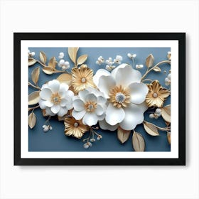 3d Artwork Illustration White and Blue Background with Golden Jewelry and Flowers 1 Art Print