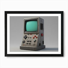 3d Illustration Of A Retro Style Video Game Console With A Green Screen And Red Buttons On A Gray Background Art Print