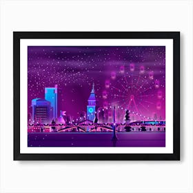 London Skyline At Night - Synthwave Neon City Art Print
