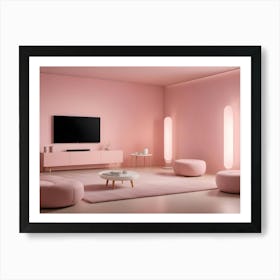 A Living Room Interior With A Pink Wall, A Tv, And Pink Furniture, Including A Sofa, Armchairs, And Ottomans Art Print