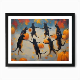 Black Cats Dancing With Pumpkins on Halloween - Witchy Fall Art of Vintage Whimsical Kitties Dance Carrying Jack O Lanterns Autumn Pagan Witchcraft Whimsy Folk Art For Cat Lover, Cat Moms Funny and Cute HD Art Print