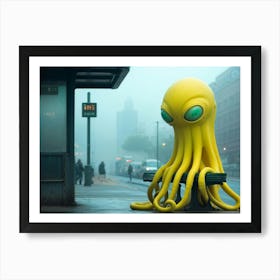 Friendly Yellow Alien Tentacles Curled Gently Around A Hand Rail Waiting At A Bus Stop Pastel Hue Art Print