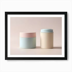 A Minimalist Image Of Two Cylindrical Containers, One Light Blue With A Pink Top, And One Cream Colored, Set Against A Pale Pink Background, Representing Product Packaging Or A Branding Mock Up Art Print